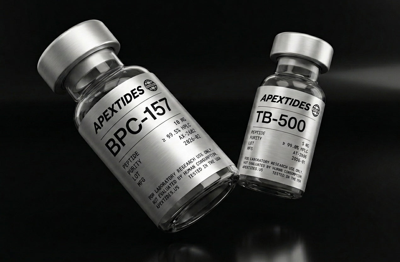 Two APEXTIDES vials, BPC-157 and TB-500, on a dark surface